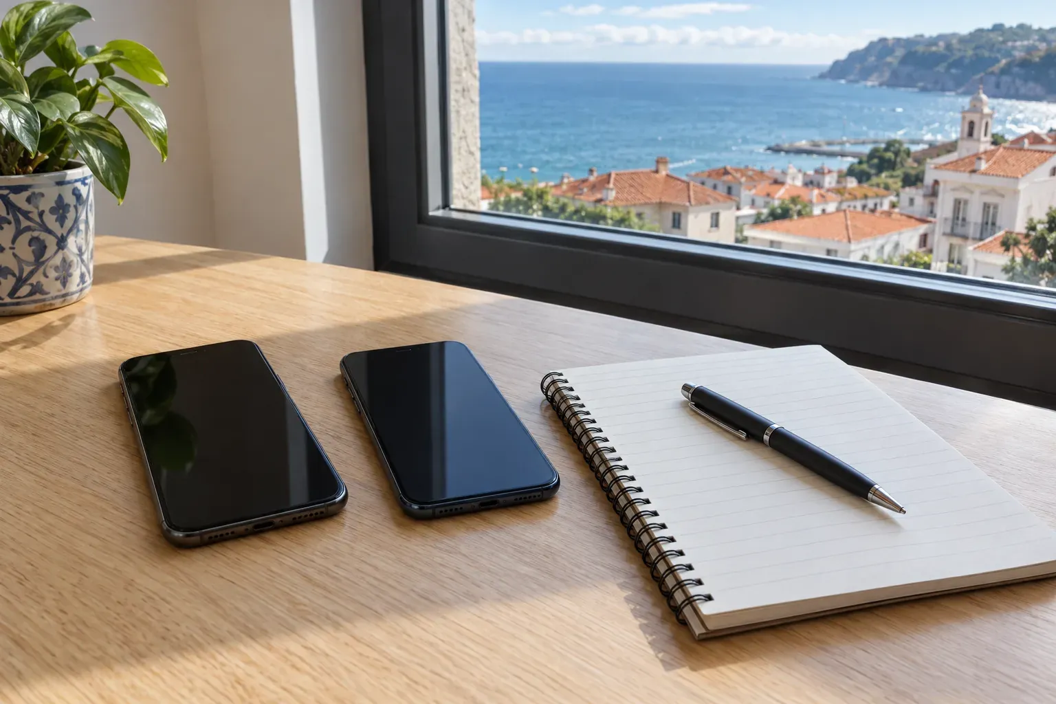 Dois telemóveis com o ecrã apagado e um caderno com caneta sobre uma mesa de madeira