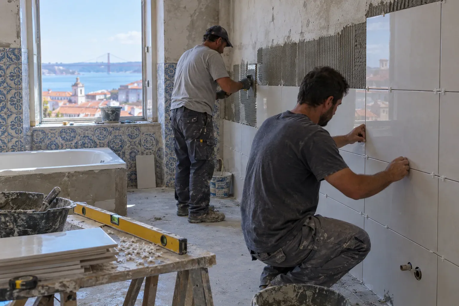Dois profissionais a assentar azulejos brancos numa casa de banho em obras