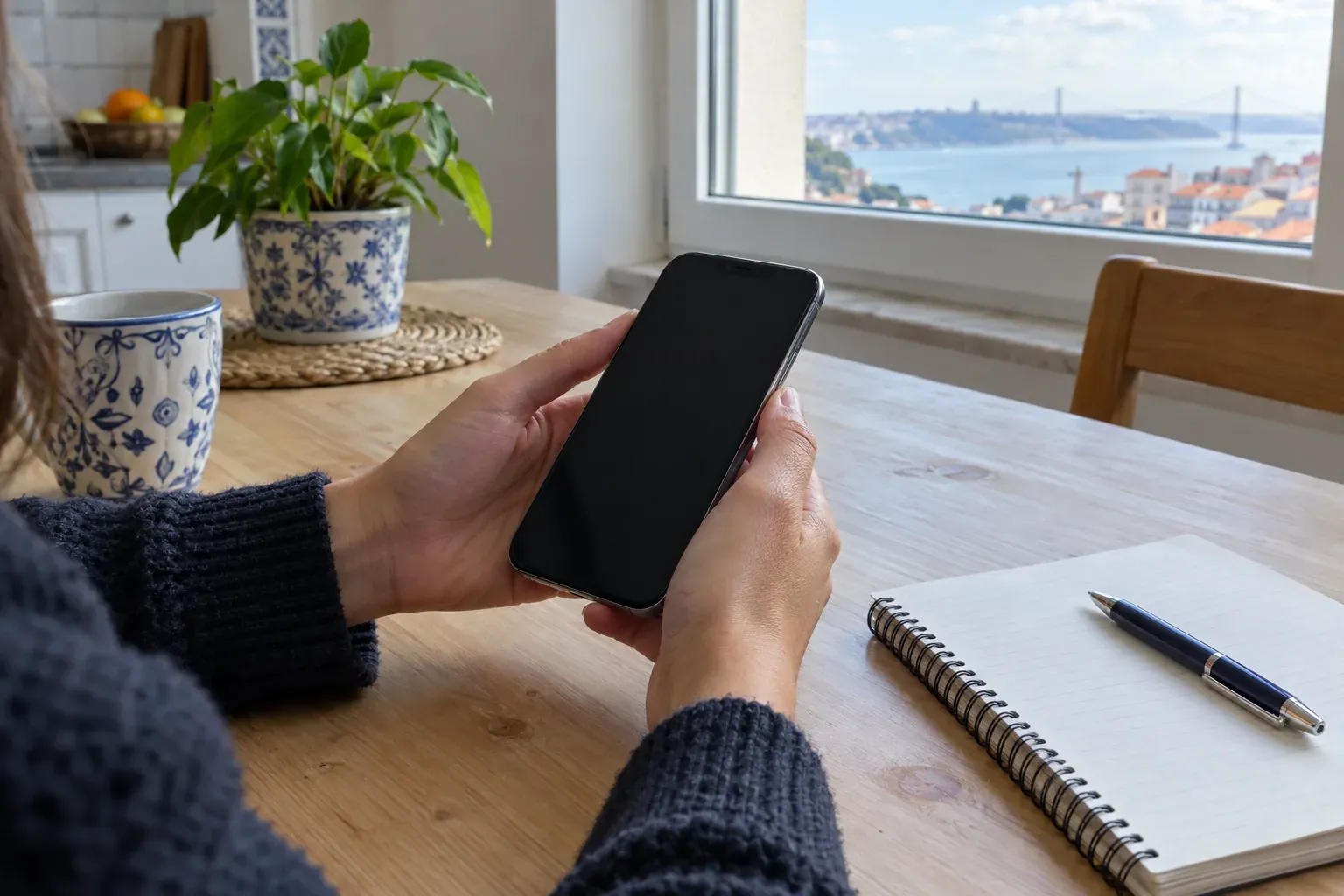 Mãos a segurar um telemóvel sobre uma mesa de madeira, com um caderno e uma caneta ao lado