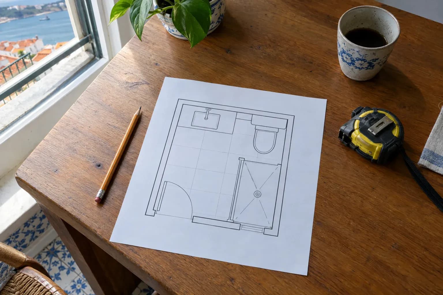Planta de uma casa de banho sobre uma mesa de madeira, com um lápis e uma fita métrica