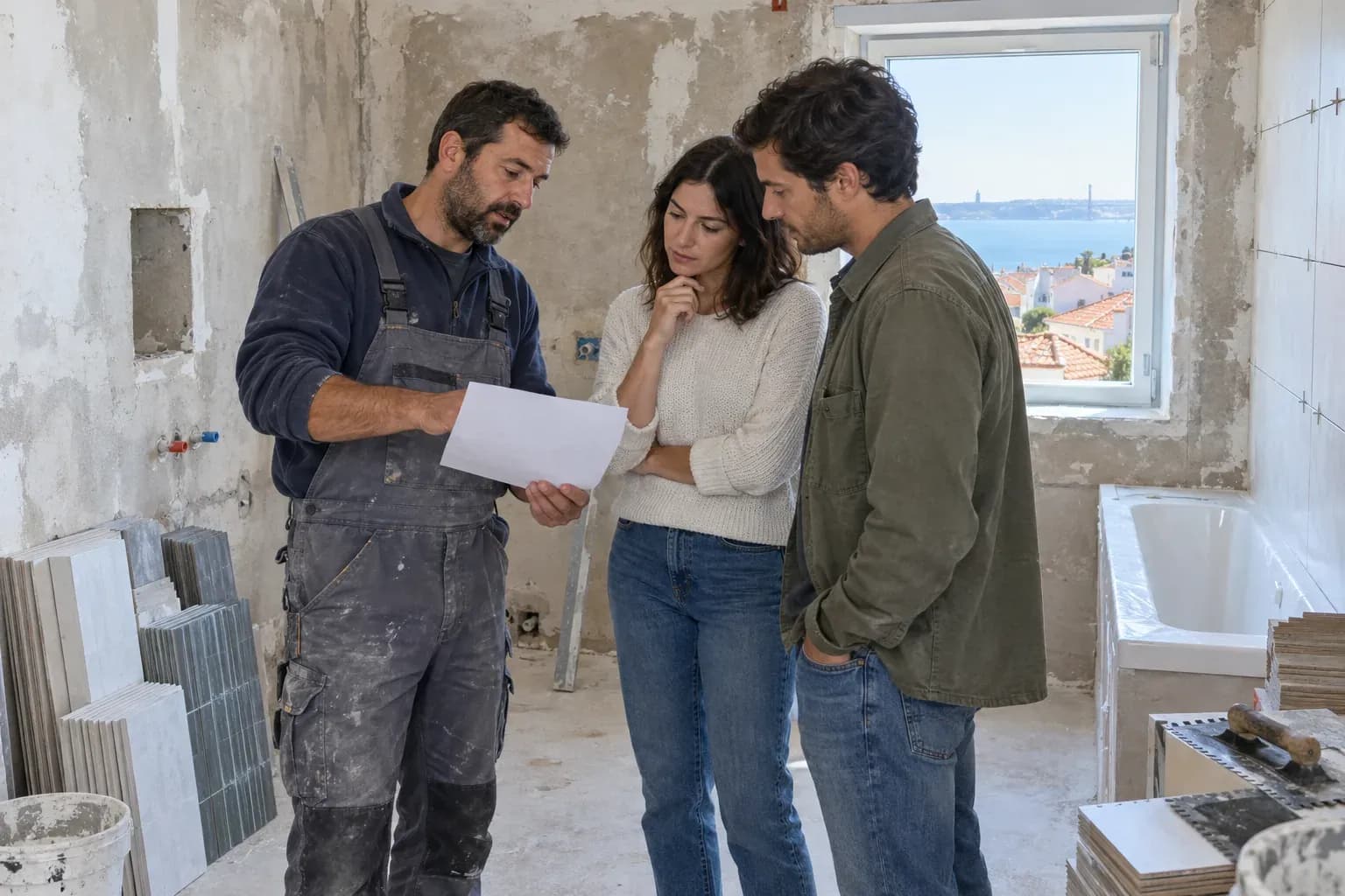 Profissional com um papel na mão a explicar o trabalho a um casal, numa casa de banho em obras