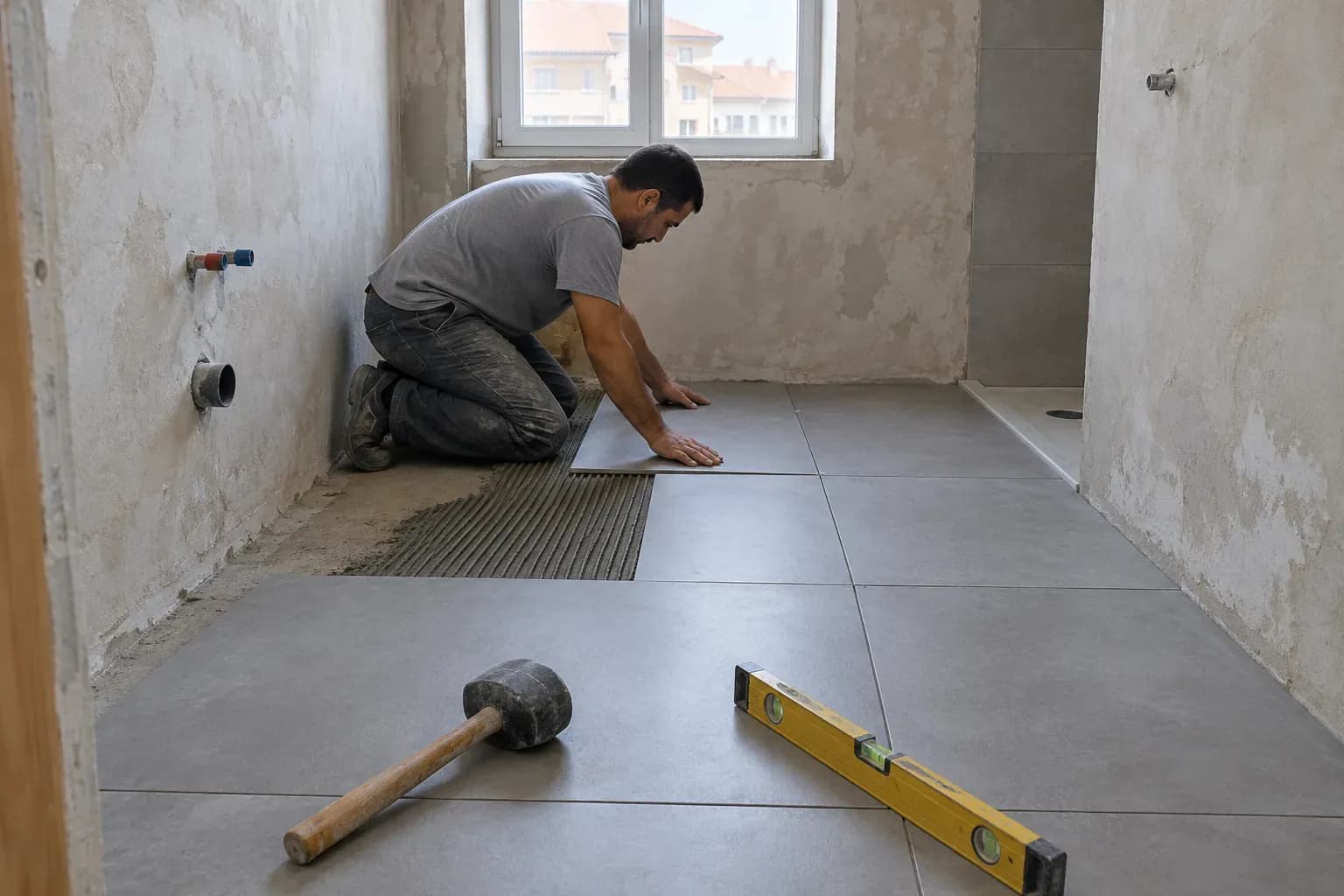 Profissional de joelhos a assentar ladrilhos cinzentos no chão de uma casa de banho em obras