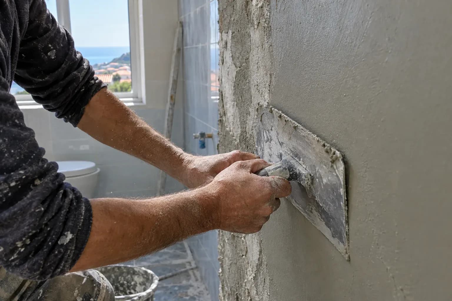 Mãos com uma talocha a alisar reboco fresco numa parede de casa de banho