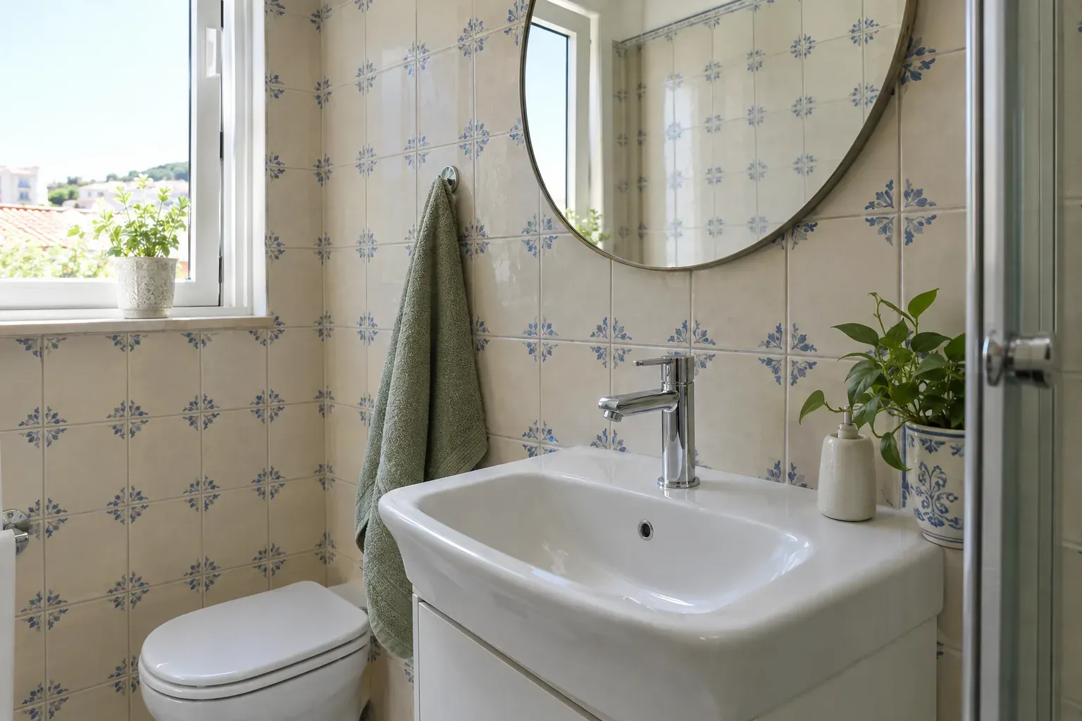 Casa de banho com torneira nova, espelho redondo e azulejo antigo mantido