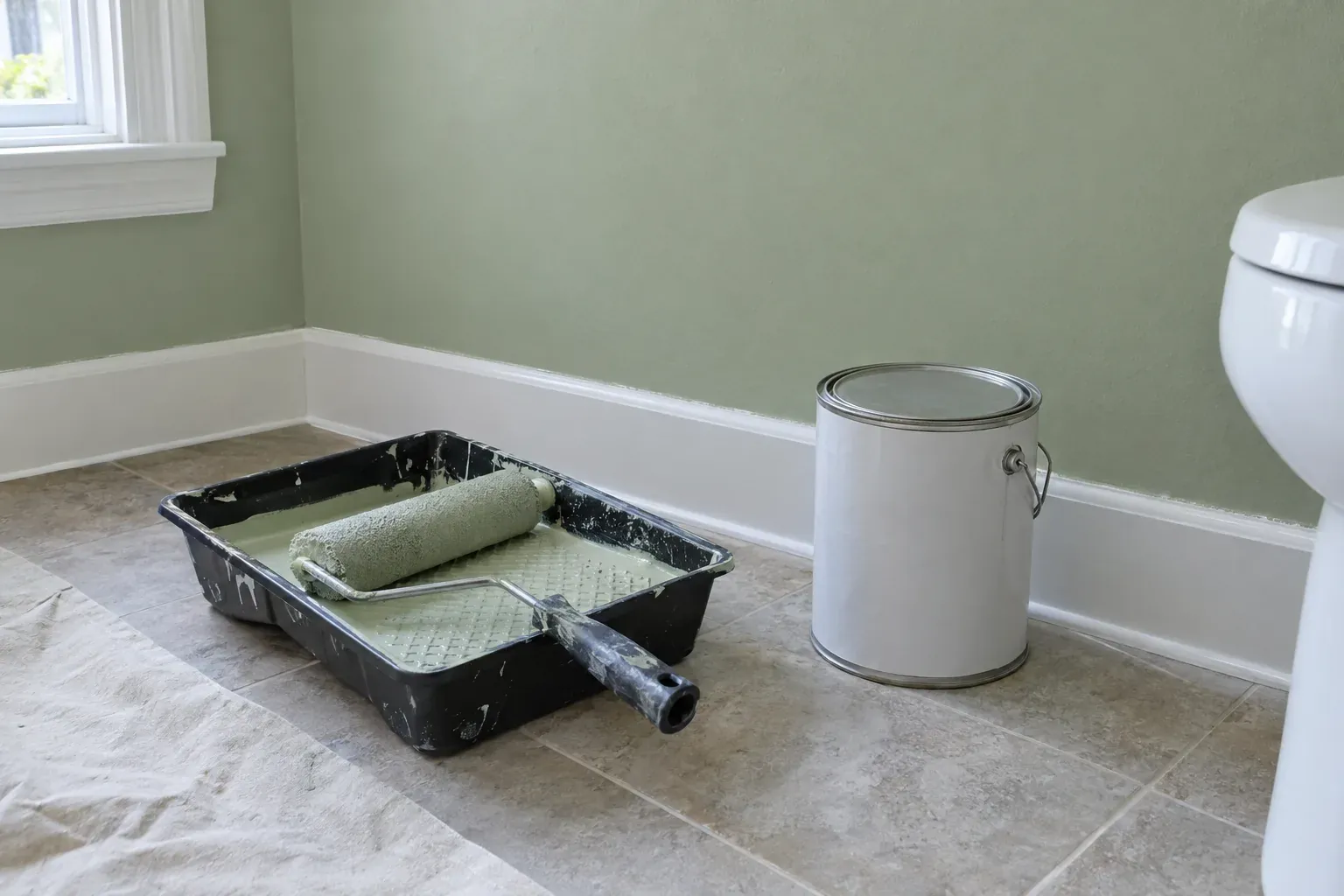 Rolo de pintura e tabuleiro no chão, junto a uma parede pintada de verde-sálvia