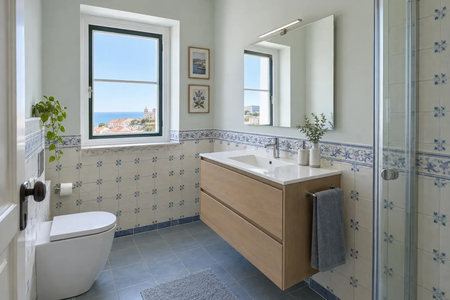 Casa de banho com azulejos azuis e brancos, lavatório suspenso de madeira e uma janela para o mar
