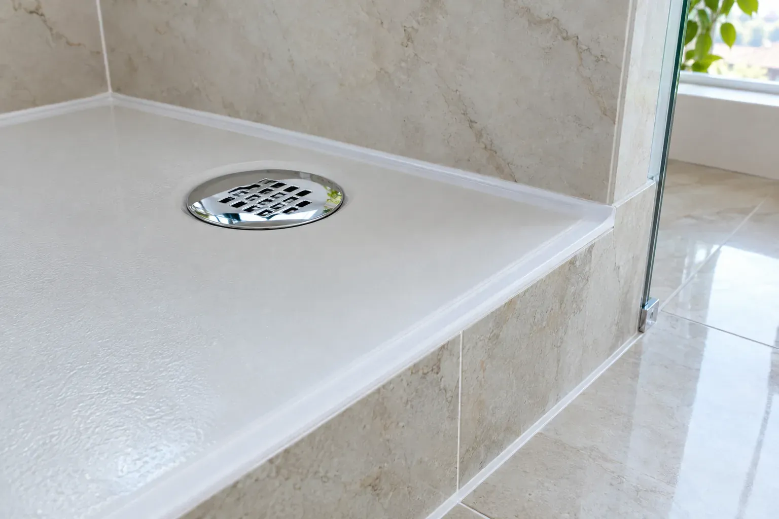 Borda de azulejo de uma base de duche nova, com silicone e ralo cromado