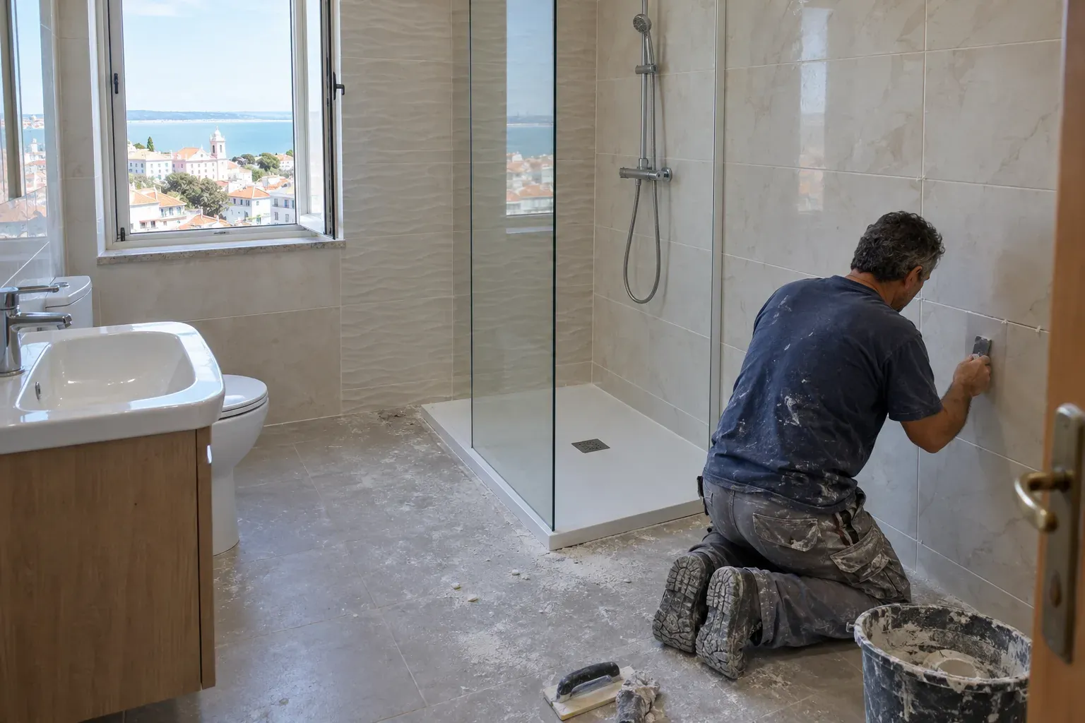 Profissional de joelhos a assentar azulejos junto a uma base de duche baixa com vidro transparente